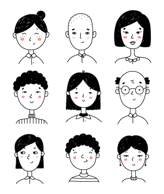 Ensemble De Visages De Personnes Mignonnes Dans Un Style Doodle Portraits De Jeunes Filles Et Garçons Heureux Isolés Sur Blanc
