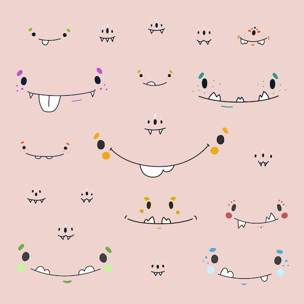 Ensemble De Visages Et D'yeux De Dessin Animé Mignon Et Drôle Illustration Vectorielle