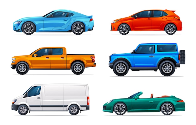 Ensemble de voitures de différents types Illustration vectorielle de la voiture en vue latérale
