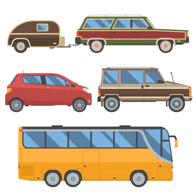 Ensemble de voitures de voyage. Collection d'automobiles de voyage aux couleurs rétro. Transport de voyage en auto d'été. Vector autobus, hayon, mini-fourgonnette rétro et vieux break avec remorque arrière.