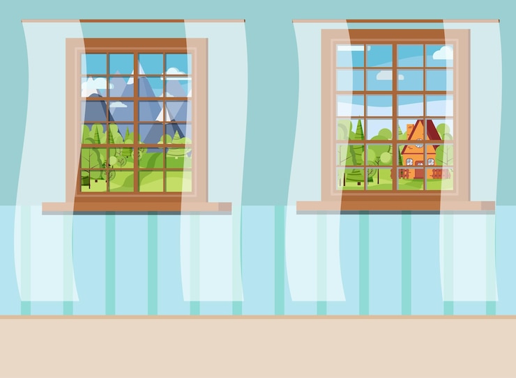 Vecteur ensemble de vue de fenêtre en bois de dessin animé avec des rideaux blancs dans un style plat