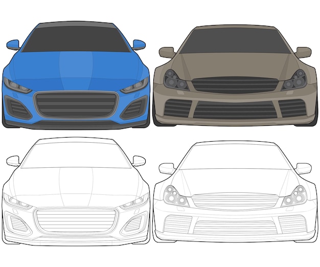 Ensemble De Vue Frontale Illustration Vectorielle D'une Voiture De Couleur Isolée Sur Fond Blanc Véhicule Dans Un Style De Dessin Animé Plat