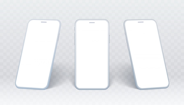Ensemble De Vue Latérale Du Smartphone. Collection De Téléphones Mobiles Blancs Sous Différents Angles. Appareil Isolé Sur Fond Transparent Avec écran Vide Pour Afficher La Conception De L'interface Utilisateur Ou Le Site Web.