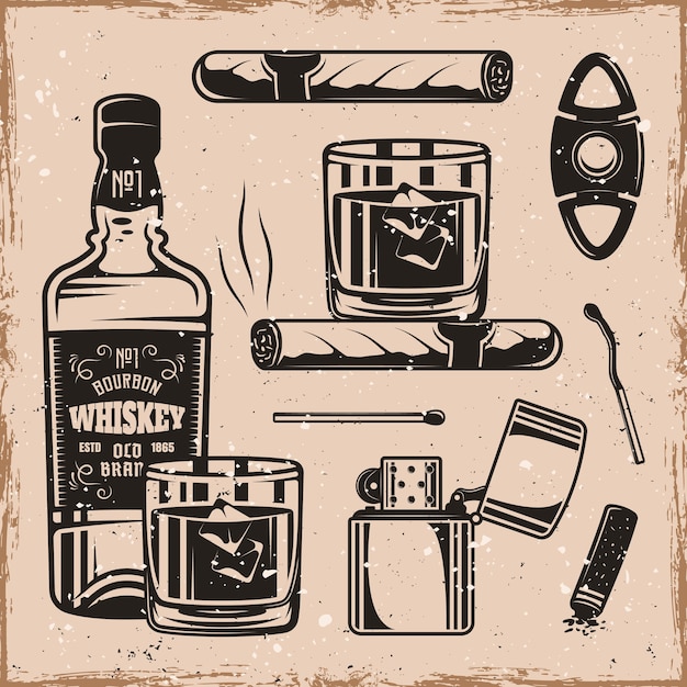 Vecteur ensemble de whisky et de cigares d'éléments de conception monochromes ou d'objets