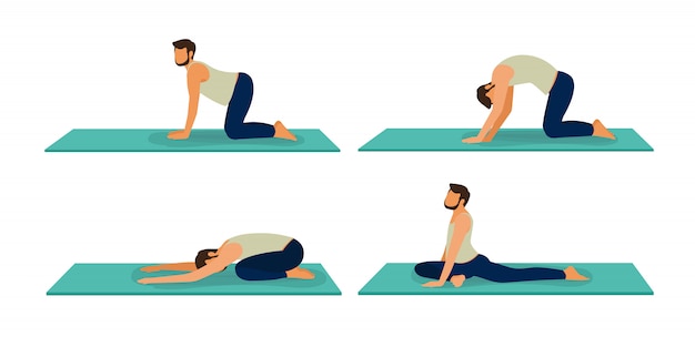 Vecteur ensemble de yoga masculin. illustration de l'homme de la bande dessinée dans diverses poses de yoga. un gars pose du yoga