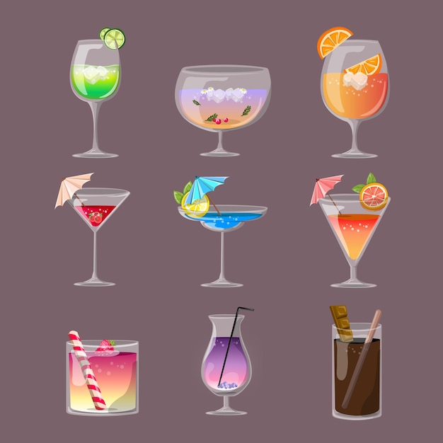 Vecteur ensembles de boissons pleines de couleurs dans des verres transparents