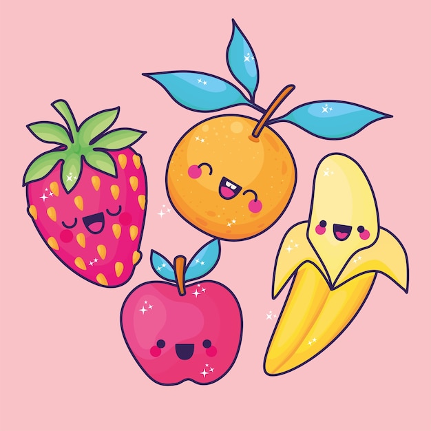 Ensembles d'icônes de fruits kawaii.