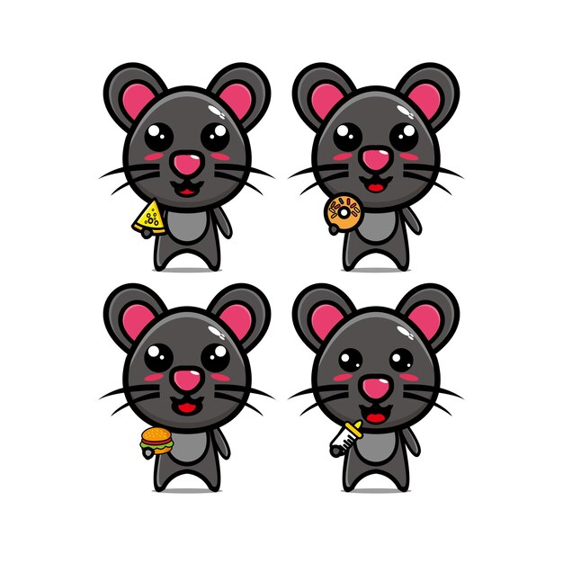 Ensembles De Souris De Collection Tenant De La Nourriture Mascotte De Personnage De Dessin Animé De Style Plat Vector Illustration