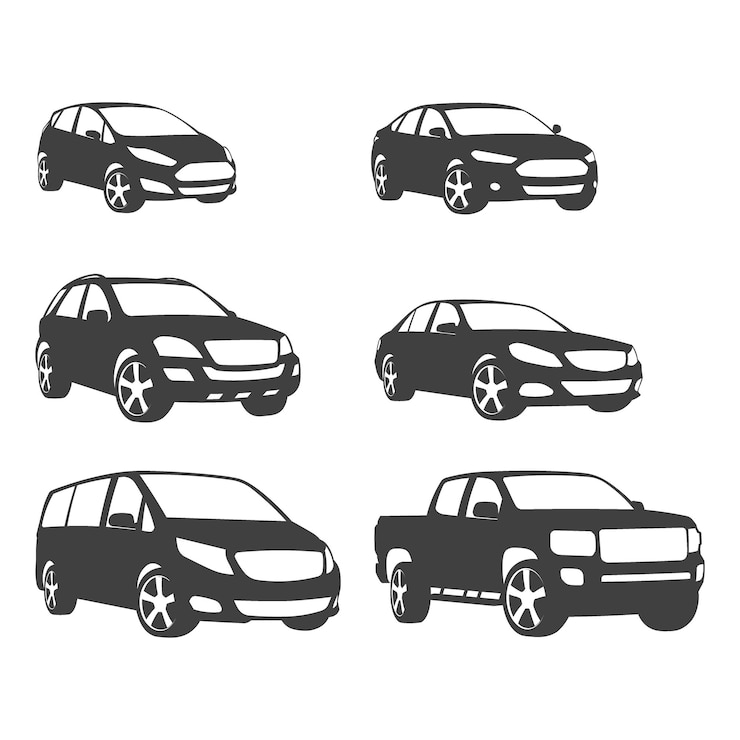 Ensembles de voitures de silhouette et sur l'icône de véhicule routier en arrière-plan isolé