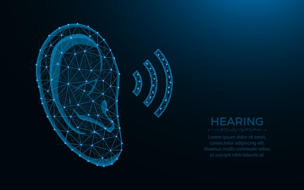 Entendre la conception poly faible, illustration polygonale de maille filaire oreille humaine faite de points et de lignes sur bleu foncé