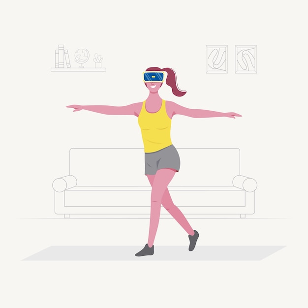 Vecteur enthousiaste jeune femme utilise la technologie de réalité virtuelle pour le sport à la maison