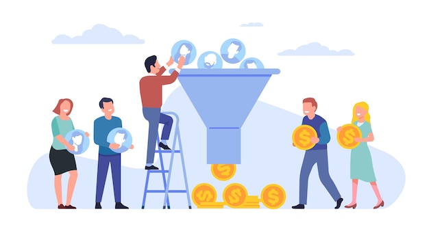 entonnoir de vente Processus de communication et d'attraction de nouveaux clients Gestion des abonnés Génération de revenus Conversion des clients en pièces de monnaie Métaphore de tourbillon de marketing Concept vectoriel