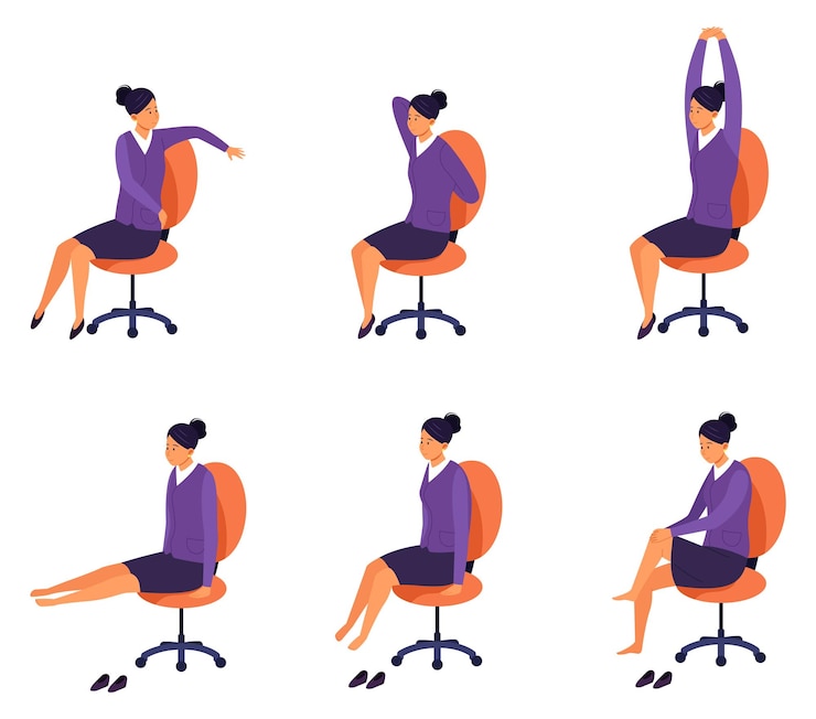 Vecteur entraînement sur chaise de bureau exercice sur le lieu de travail mode de vie sain