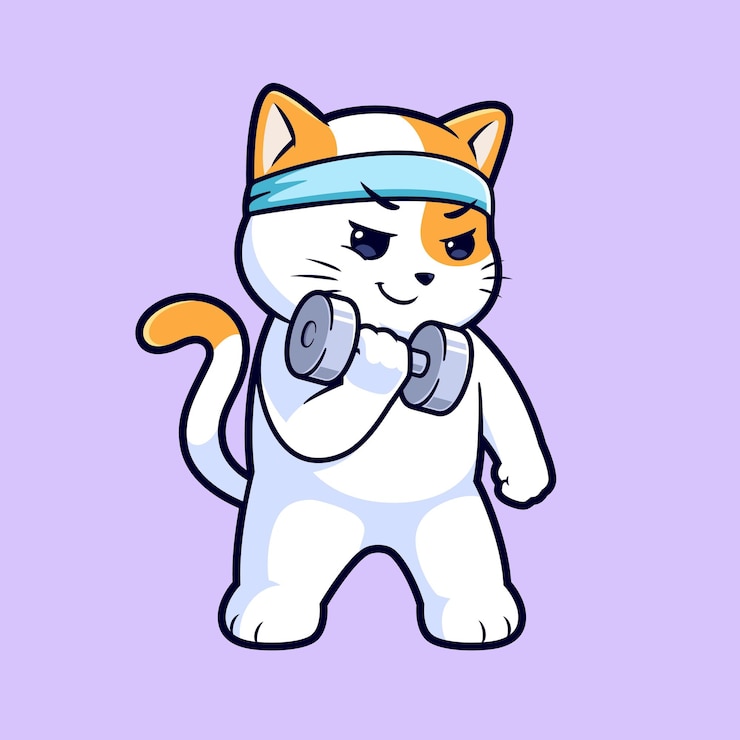 Vecteur l'entraînement de chat mignon avec une illustration d'icône vectorielle de dessin animé à haltère logo de dessins animés d'animaux de style plat