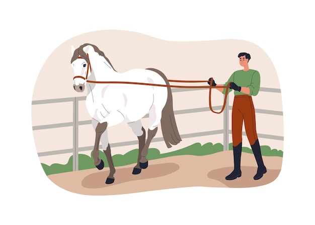 Entraînement de chevaux Entraîneur d'équidés Dirigeant l'étalon avec des rênes Harnais guidant dans le paddock Béréteur professionnel équestre Illustration vectorielle plate isolée sur fond blanc