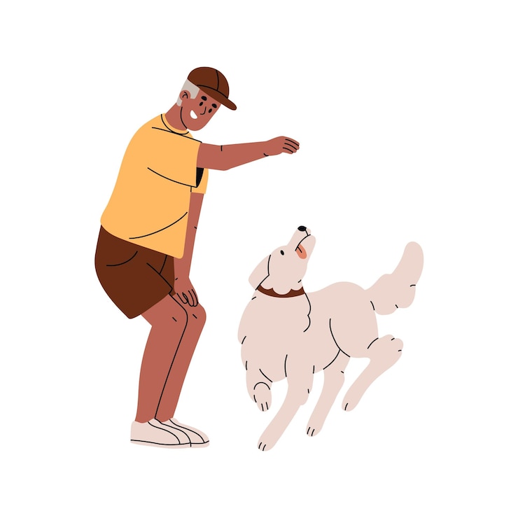 Vecteur l'entraînement du chien l'entraîneur apprend au golden retriever à tourner sur commande le chien de compagnie heureux se retourne le propriétaire joue à l'exercice avec un chien obéissant illustration vectorielle isolée plate sur fond blanc