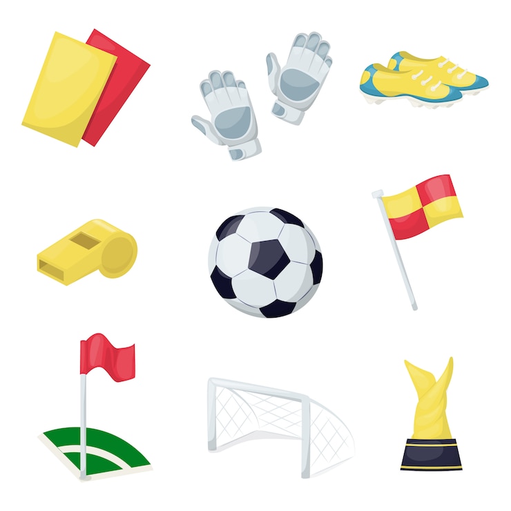 Entraînement de passe-temps de ballon de football d&#39;équipement de football de football. Jouant des outils professionnels de sportswear. Running flag, carte, chaussures, baskets.