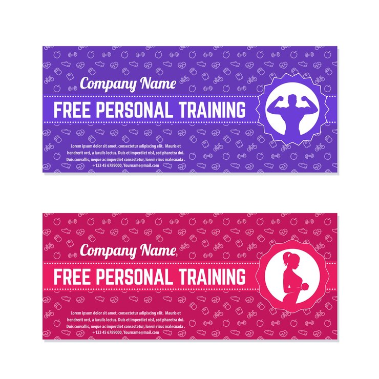 Vecteur entraînement personnel gratuit, bon cadeau pour gym, centre de fitness, modèles modernes en violet et cramoisi