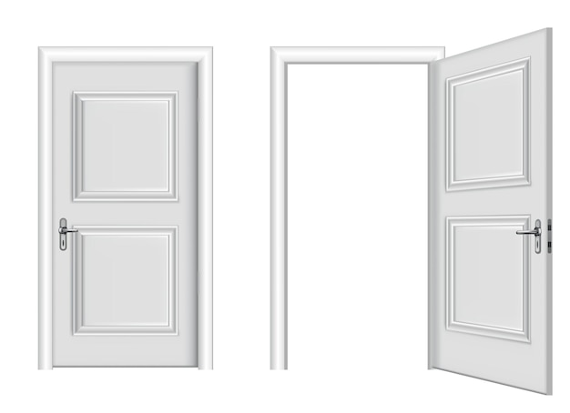 Entrée Blanche Ouverte Et Fermée Porte Réaliste Isolée Sur Fond Blanc Modèle De Porte Blanche Au Design épuré élément De Maison Décorative