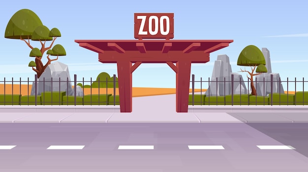 Entrée Du Zoo Avec Clôture En Acier Et Illustration Vectorielle De Porte En Bois