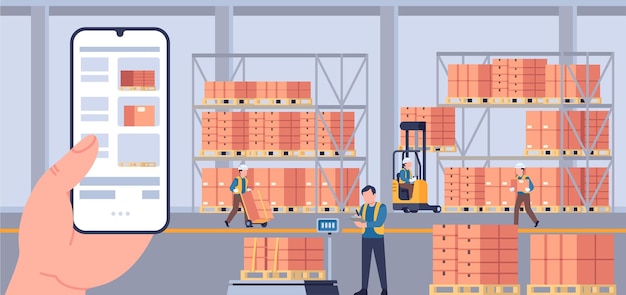 Entrepôt Avec Caisses Et Travailleurs L'homme Contrôle L'expédition Des Boîtes Expédition De Marchandises Dans L'entrepôt Distribution De Fret Gestion Logistique écran Mobile Concept Vectoriel