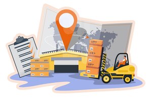 Vecteur entrepôt commercial chariot élévateur logistique globale distribution des livraisons gestion de la chaîne d'approvisionnement bannière