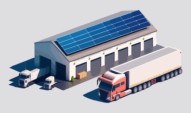 Un entrepôt où un semi-remorque décharge la cargaison L'entreprise utilise des véhicules de livraison et des panneaux solaires sur le toit de l'usine pour générer de l'énergie renouvelable Il sert de centre de distribution au détail