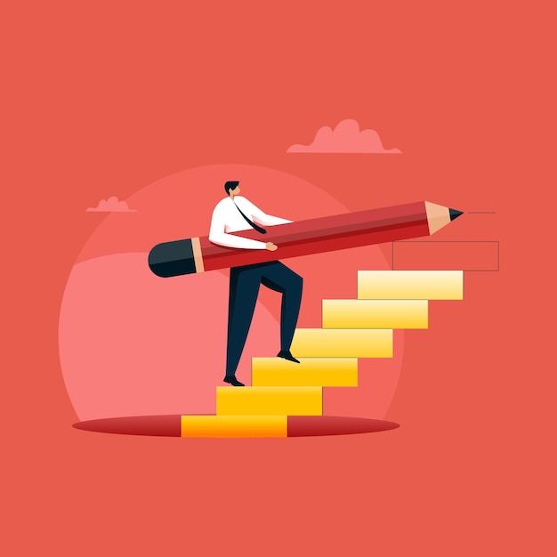Entrepreneur montant les escaliers tout en dessinant avec un crayon, développement de la réussite de la croissance personnelle