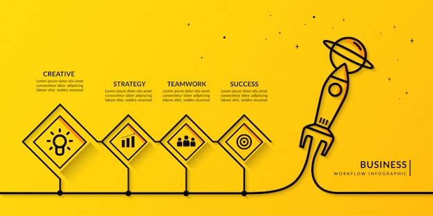 Vecteur entreprise en démarrage infographique avec plusieurs options, modèle de workflow de lancement de fusée hiérarchique