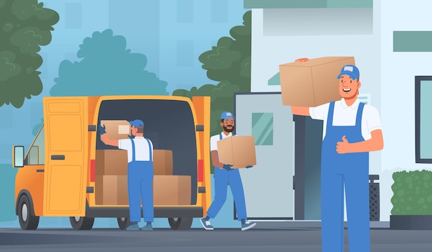 Vecteur entreprise de déménagement service de relocalisation les déménageurs transportent des cartons dans la maison moving_ai_generated