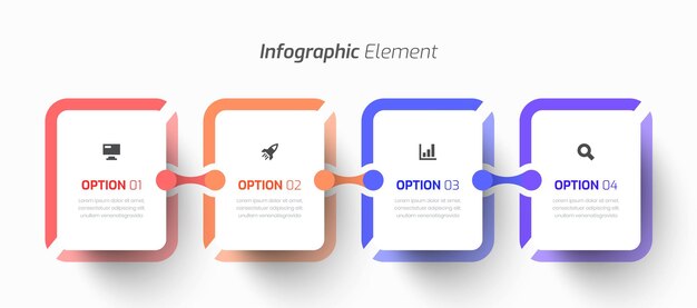 Entreprise d'infographie de chronologie vectorielle avec icône d'étiquette rectangulaire et 4 options de présentation