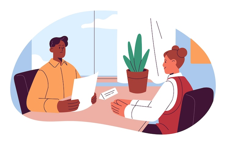 Vecteur entretien d'embauche au bureau responsable des ressources humaines et communication de conversation avec les candidats patron embauchant recruteur candidat employé assis au bureau illustration vectorielle plane isolée sur fond blanc