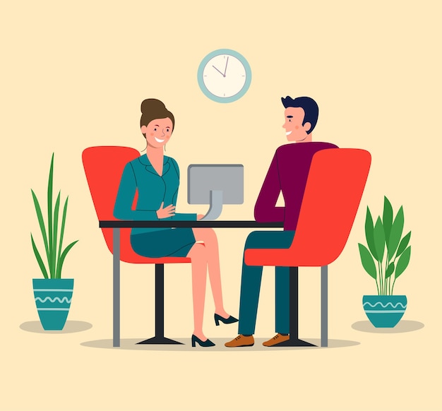 Entretien d'embauche. Homme et femme à la table de bureau. Illustration vectorielle