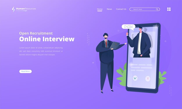 Entretien En Ligne Pour L'illustration De Recrutement Ouvert Sur La Page De Destination