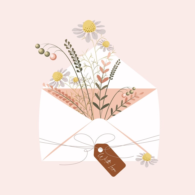 Enveloppe cadeau en papier avec un emballage délicat de fleurs sauvages et de marguerites avec une inscription avec amour