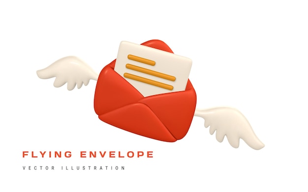 Enveloppe De Courrier Volante Réaliste 3d Avec Des Ailes Dans Un Style Minimal De Dessin Animé Illustration Vectorielle