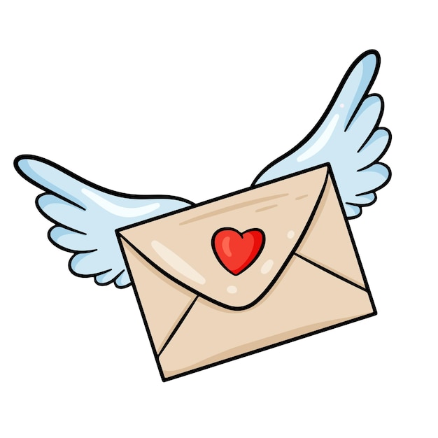 Enveloppe Fermée Volante. Lettre Avec Coeur Et Ailes D'ange. Illustration Vectorielle Avec Contour. Pour Cartes De Vœux, Affiches, Impressions Sur Vêtements, Emblèmes, Logos