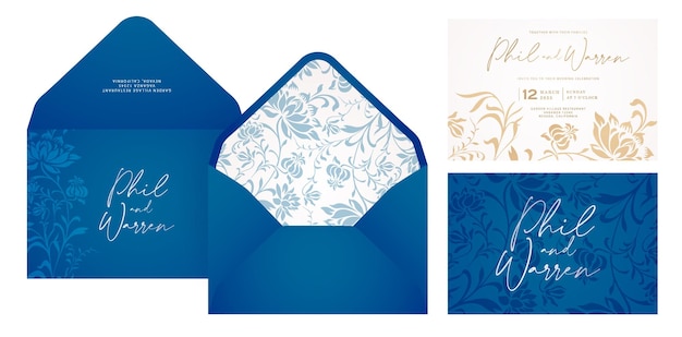 Vecteur enveloppe de fleur de pivoine ensemble de cartes d'invitation de mariage avec ornement floral modèle élégant