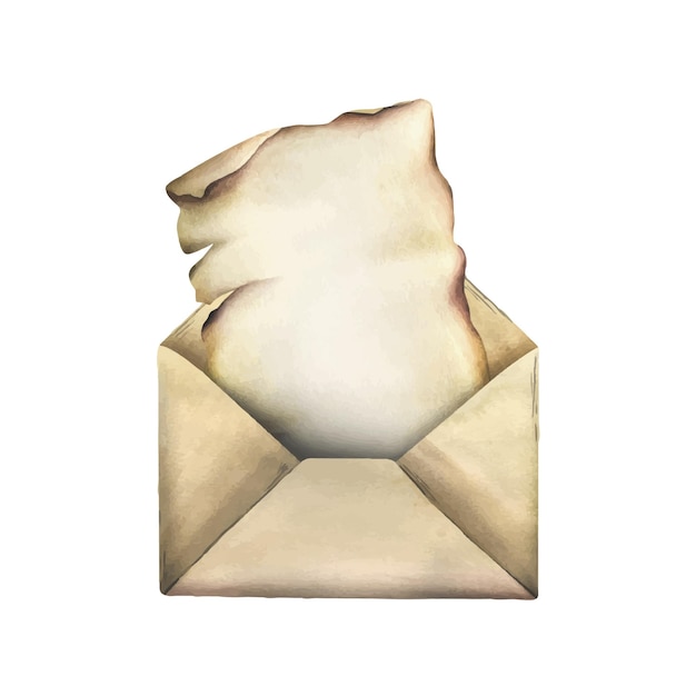 Enveloppe en papier d'artisanat avec une feuille de papier antique à l'aquarelle dessinée à la main isolée