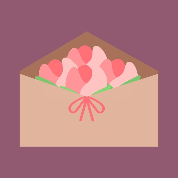 Vecteur une enveloppe en papier brun avec un bouquet de tulipes avec un ruban rouge dessus