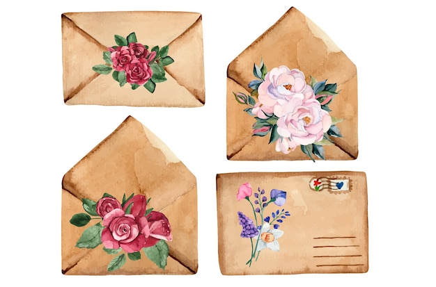 Vecteur enveloppes de lettre aquarelle vintage décorées d'illustration de fleurs