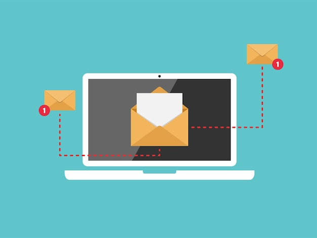 Envoi et réception d'e-mails Illustration vectorielle plane d'ordinateur et d'enveloppes