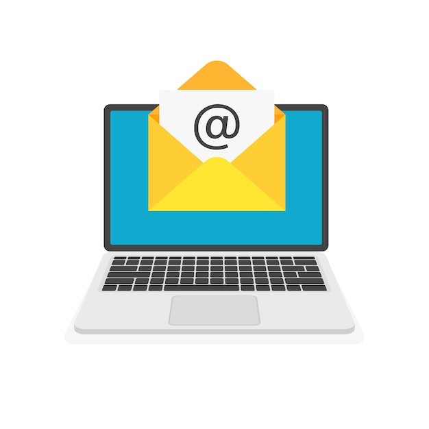 Vecteur envoyer ou recevoir un nouveau courrier enveloppe jaune sur l'écran de l'ordinateur portable messagerie entrante sur la boîte de réception
