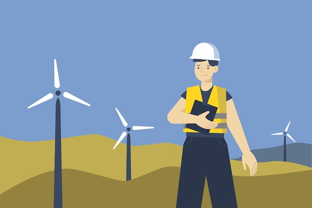 Vecteur Éolienne, homme, ouvrier, dans, casque, près, moulins vent, énergie renouvelable, concept, illustration