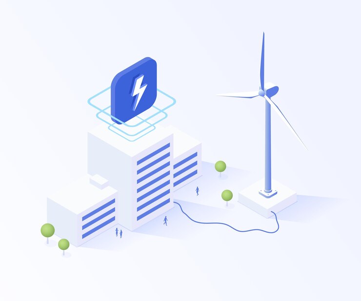 Éoliennes isométriques 3d construisant de l'électricité Technologie de l'énergie électrique Électricité verte