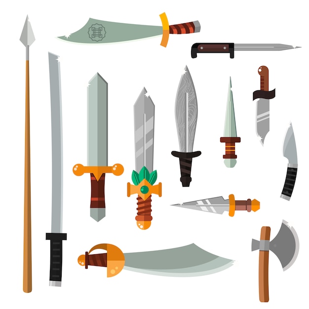 Épées De Collection D'armes, Couteaux, Hache, Lance En Or Poignées Illustration Vectorielle De Dessin Animé.