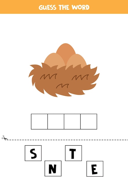 Épeler Le Mot Illustration Vectorielle Du Nid De Dessin Animé Jeu D'orthographe Pour Les Enfants