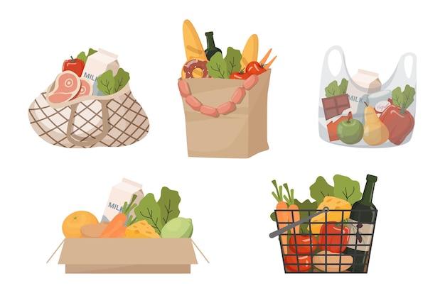 Épicerie dans des emballages et des sacs en illustration
