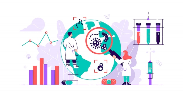 Épidémiologie. Laboratoire De Propagation Du Risque De Danger Pour La Santé. Recherche Sur Les Pandémies De Petites Bactéries. Prévention Des Conditions Sanitaires Et Protection Contre Les Infections Microscopiques Par Des Virus. Illustration Plate