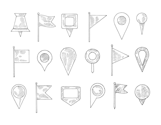 Vecteur Épingle et drapeau dessinés à la main épingles de navigation doodle croquis marqueur d'emplacement ou icône de position gps pour jeu d'illustrations vectorielles de cartes